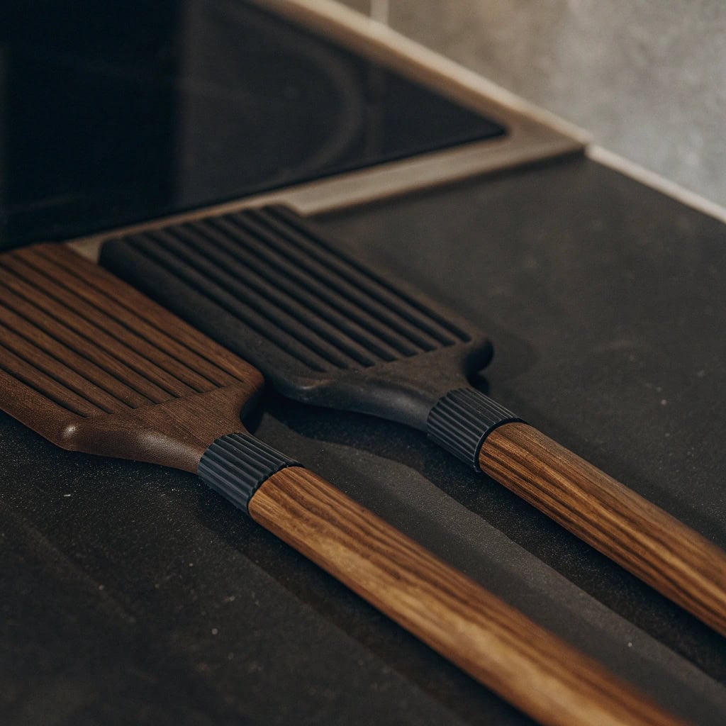 Wooden spatula handle with subtle anti-slip texturing or ergonomic shape