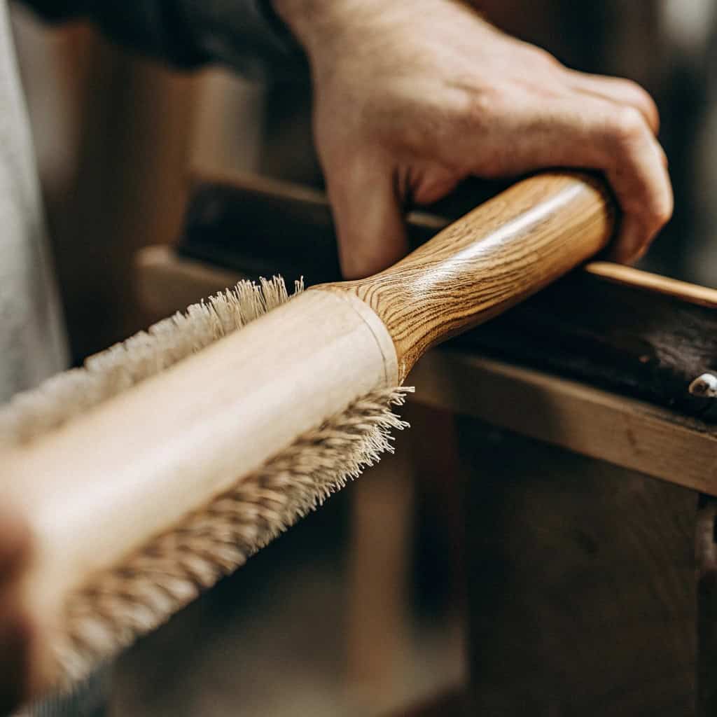 Hand inspecting the smooth finish and shape of a wooden hairbrush handle