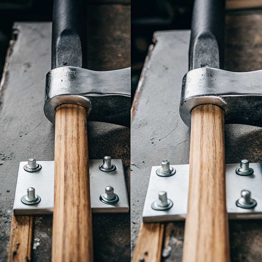 Axe head being carefully fitted onto a new wooden handle