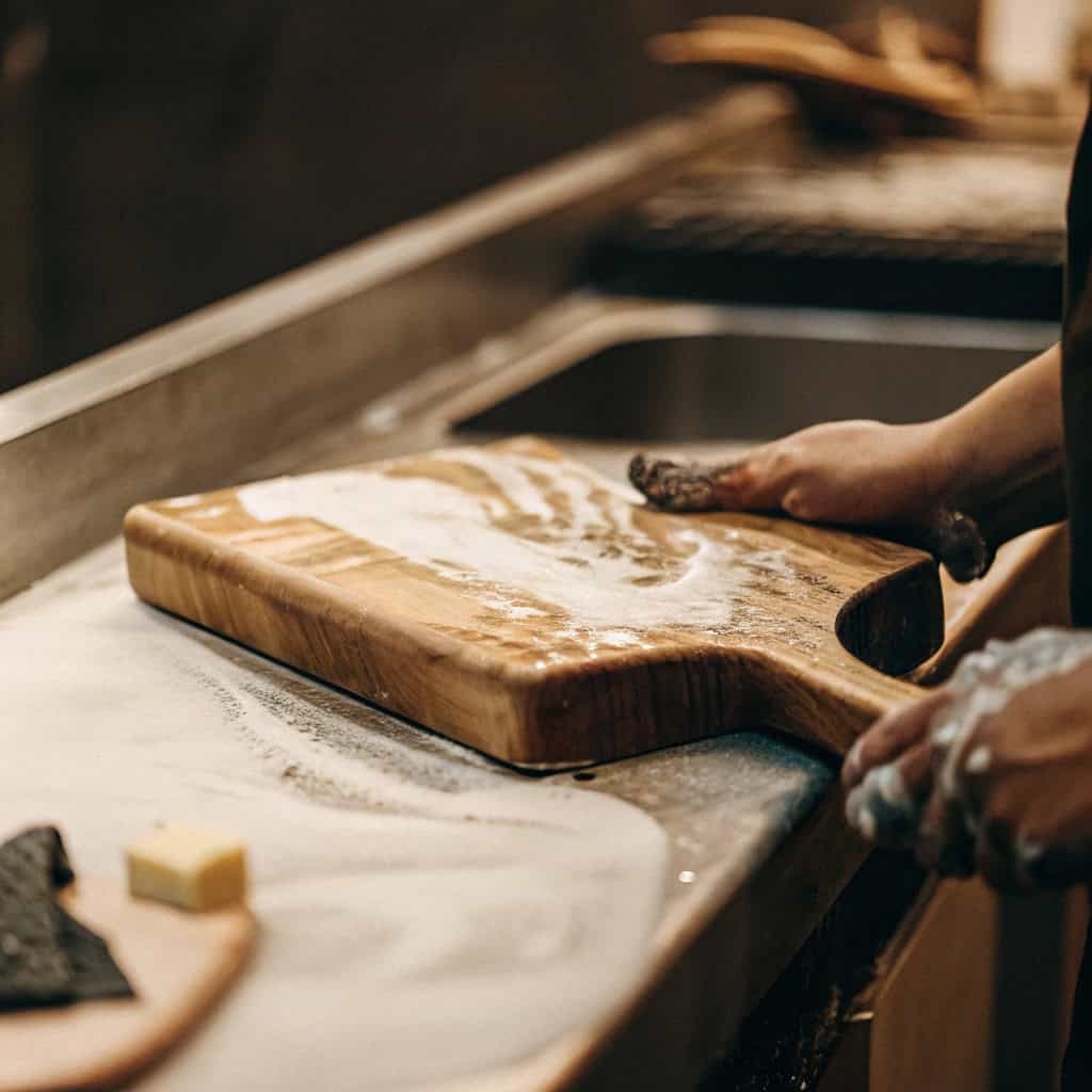 Handled wooden cutting board being deep cleaned with natural ingredients