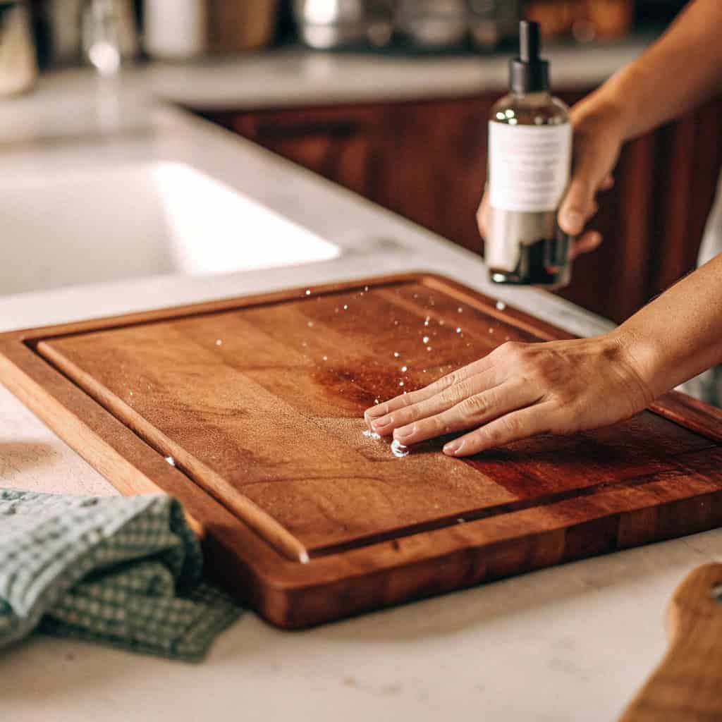 Lemon half and salt being used to scrub and deodorize a wooden cutting board