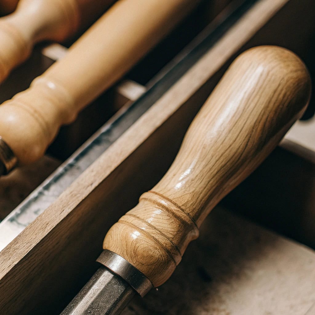 Hand inspecting the grain and finish of a wooden tool handle
