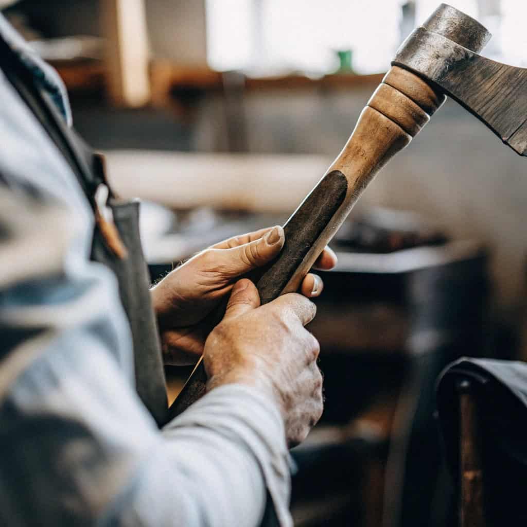 Hand inspecting the grain and alignment of a wooden axe handle