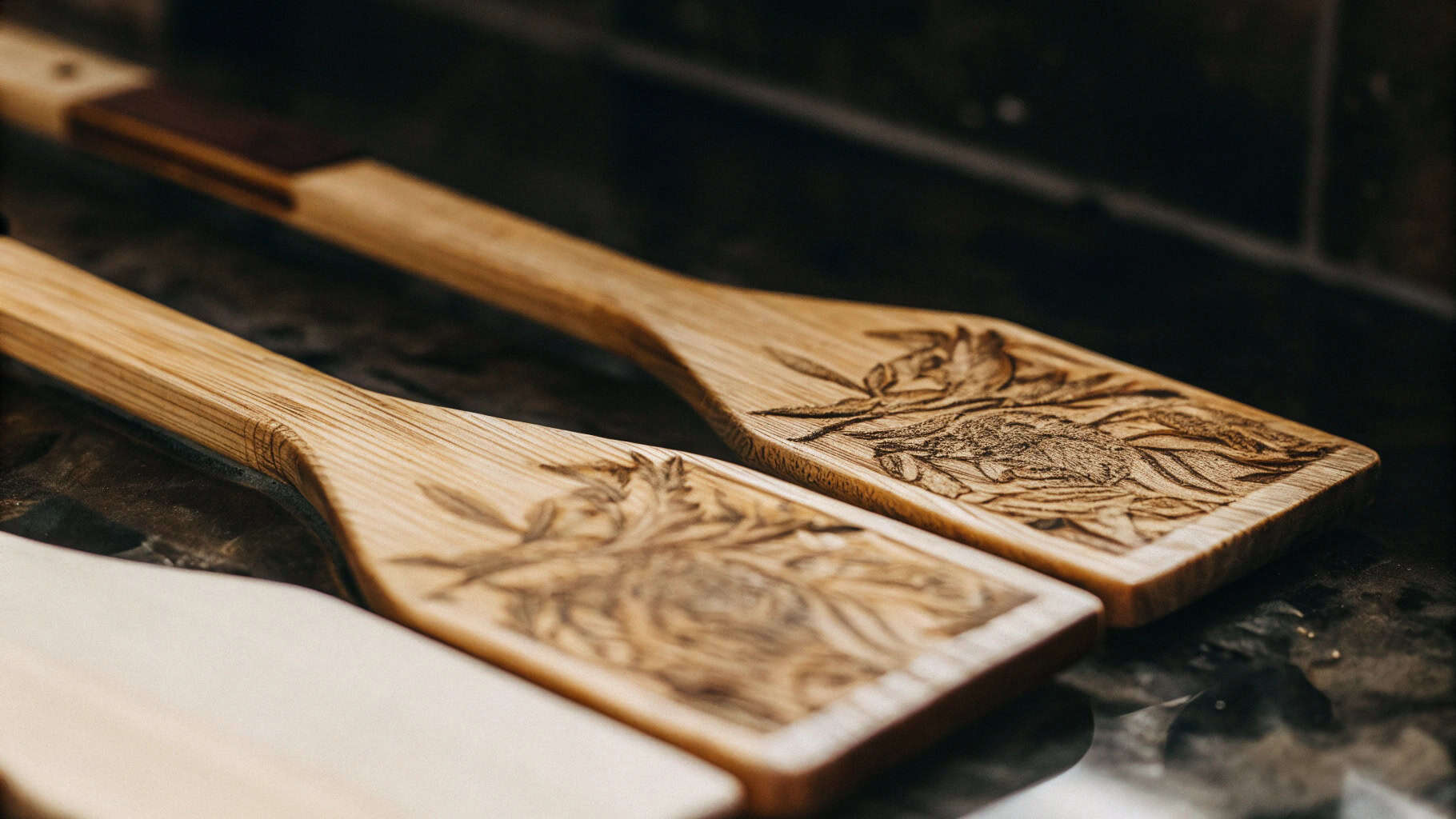 Laser engraving machine marking a logo onto a wooden spatula handle