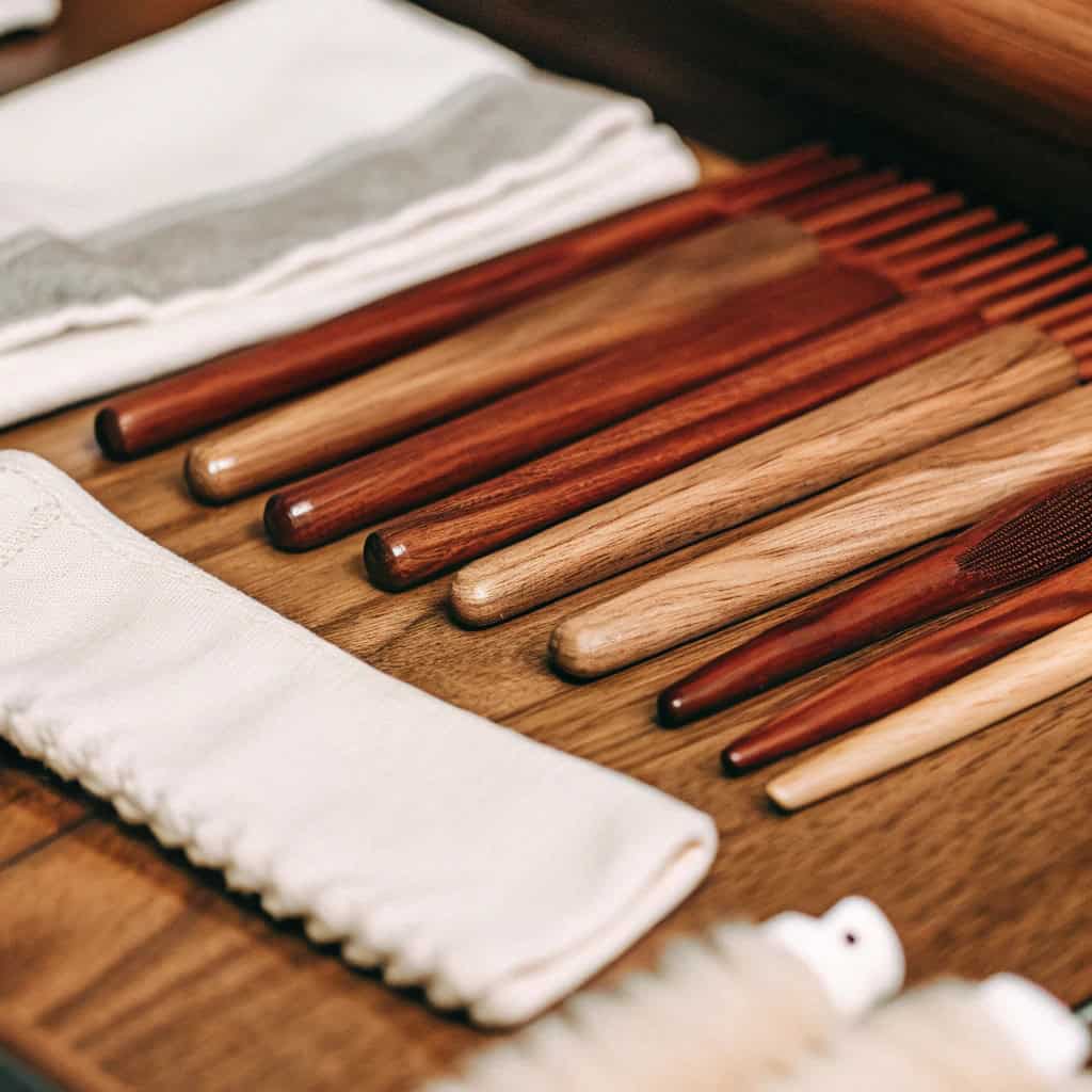Collage of different brushes with distinct wooden handles: paintbrush, scrub brush, hairbrush