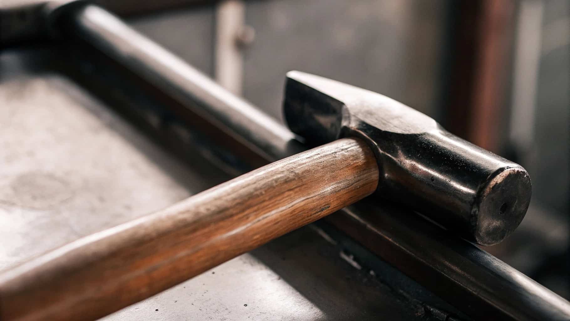 Diagram highlighting key features of a good hammer handle: wood type, grain, fit, shape