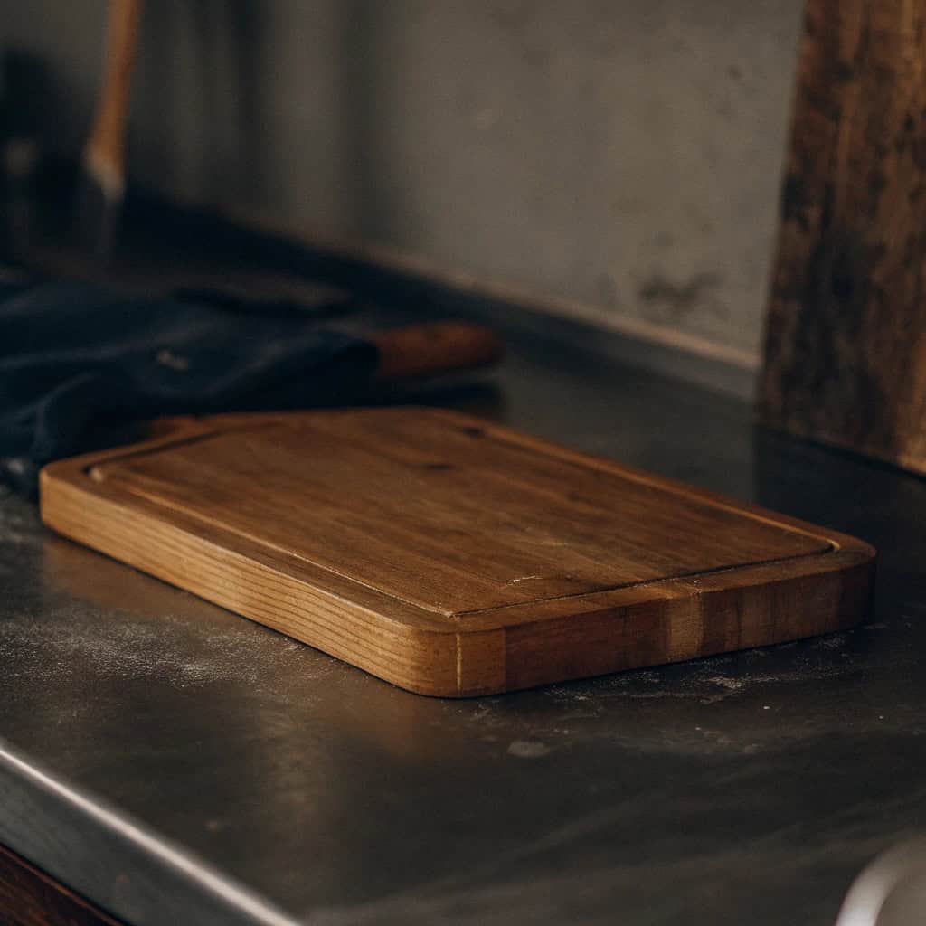 Knife cutting vegetables on a beautiful wooden cutting board