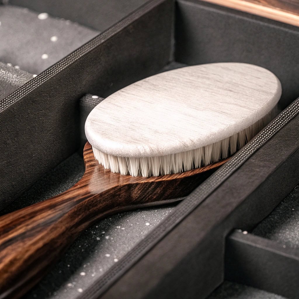 Hand comfortably holding a smooth wooden hairbrush handle (Beech or Maple)