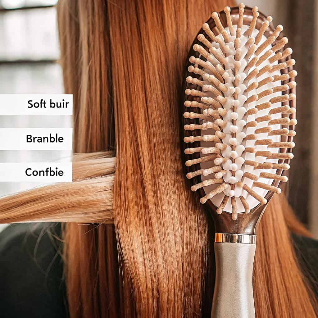 Diagram showing parts of a hairbrush: Handle, Cushion/Base, Bristles/Pins