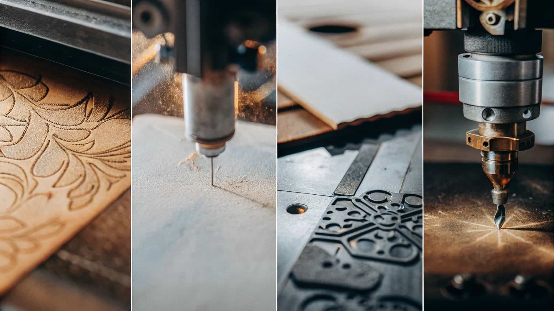 Collage showing laser engraved wood, acrylic, glass, and leather