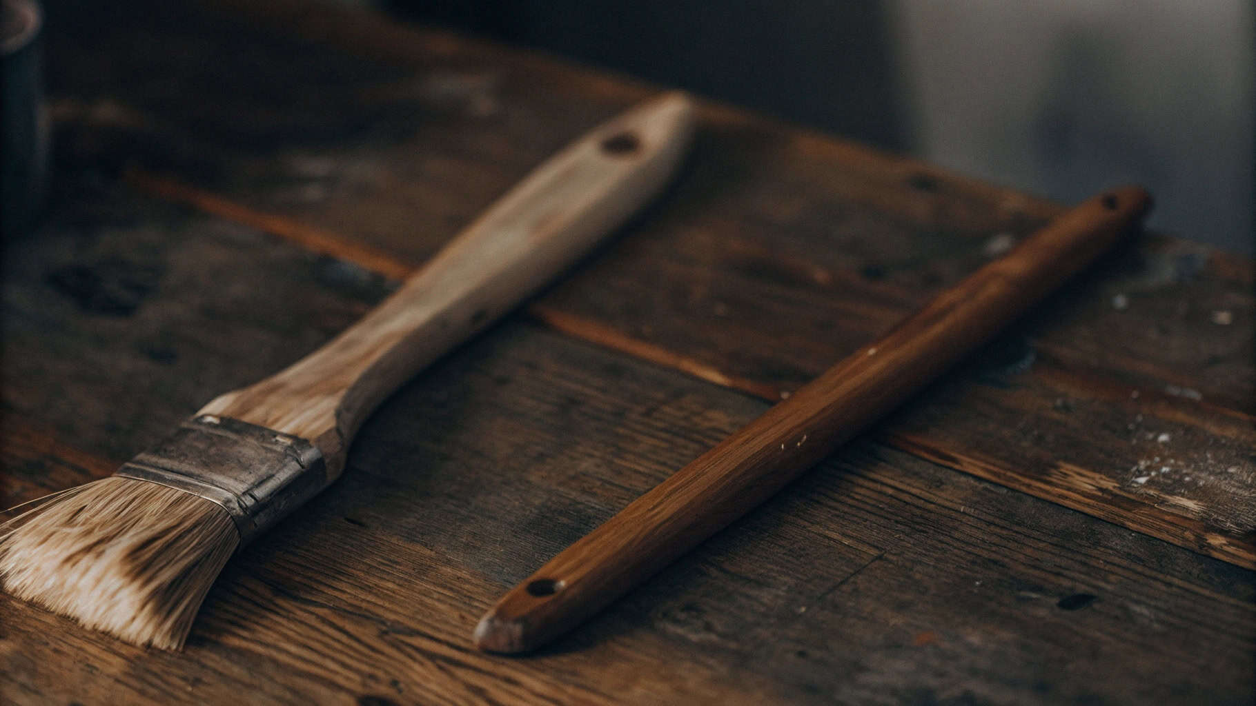 Unfinished wooden paintbrush handle next to a finished one