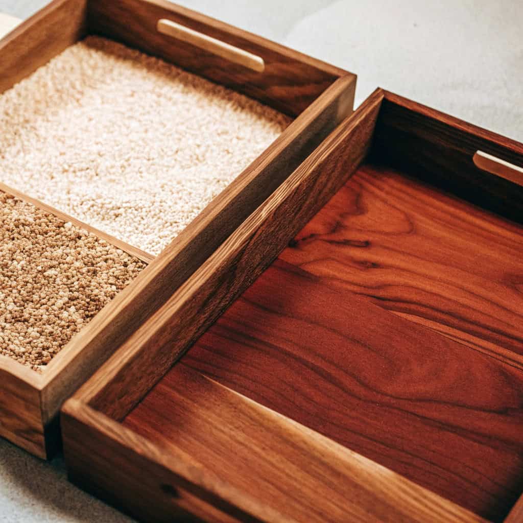 Comparison of serving trays: Wood, Melamine, Plastic, Metal