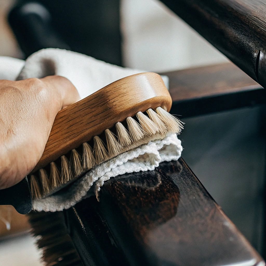Hand gently wiping a wooden hairbrush handle with a damp cloth