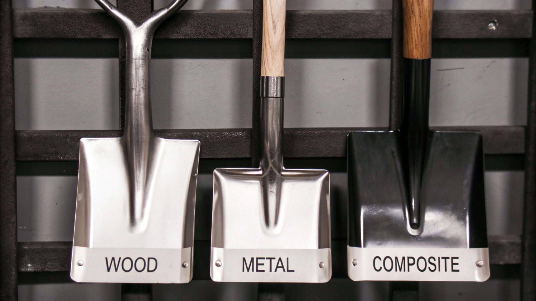 Shovels with wood, fiberglass, and steel handles