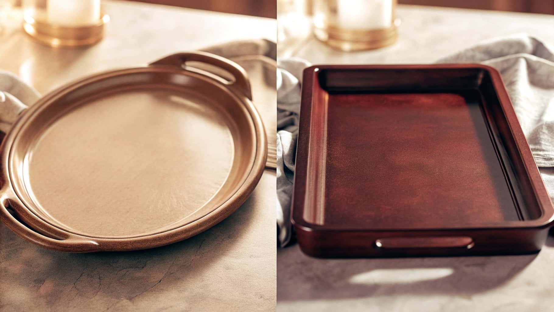 Side-by-side comparison: Flat platter with food vs. Tray with raised edges carrying drinks