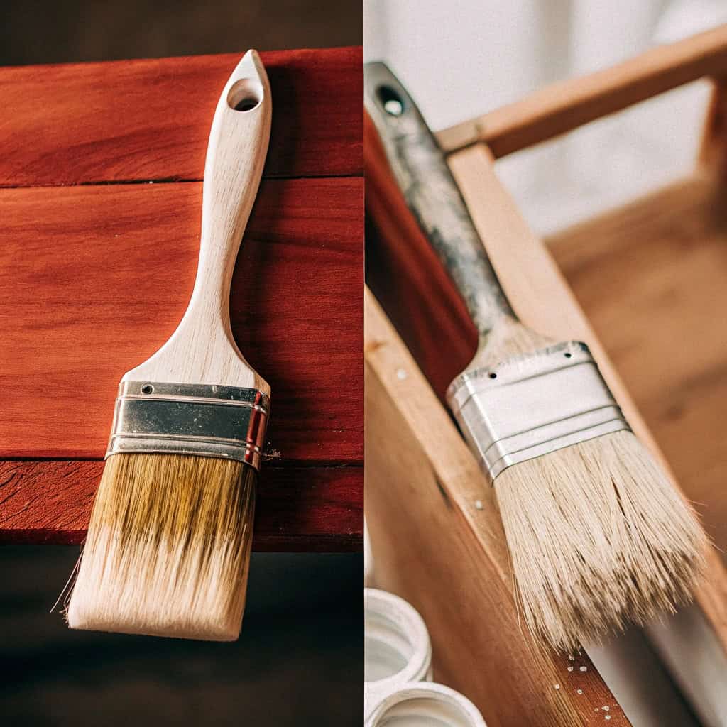 Split image: Hand using short brush for fine detail vs. Artist at easel using long brush