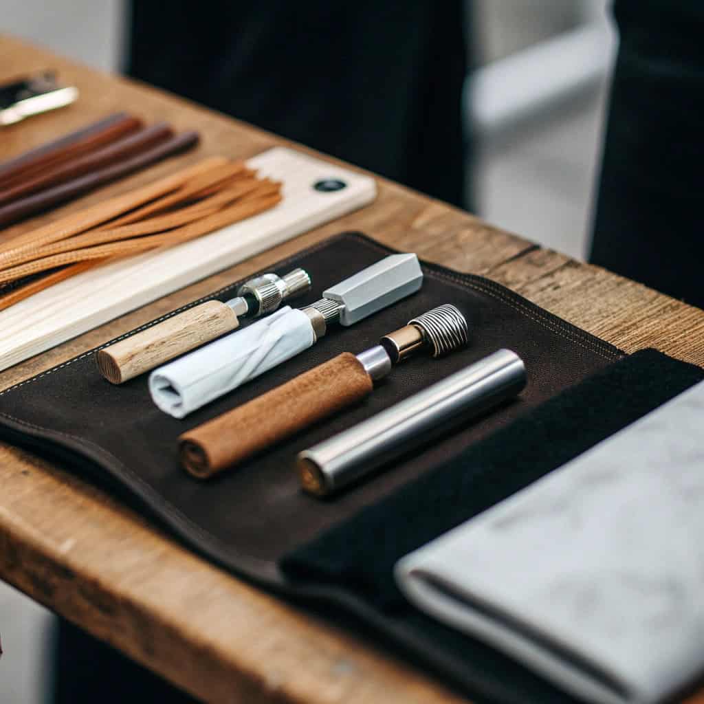 Collection of brush handles showing wood, plastic, and bamboo materials