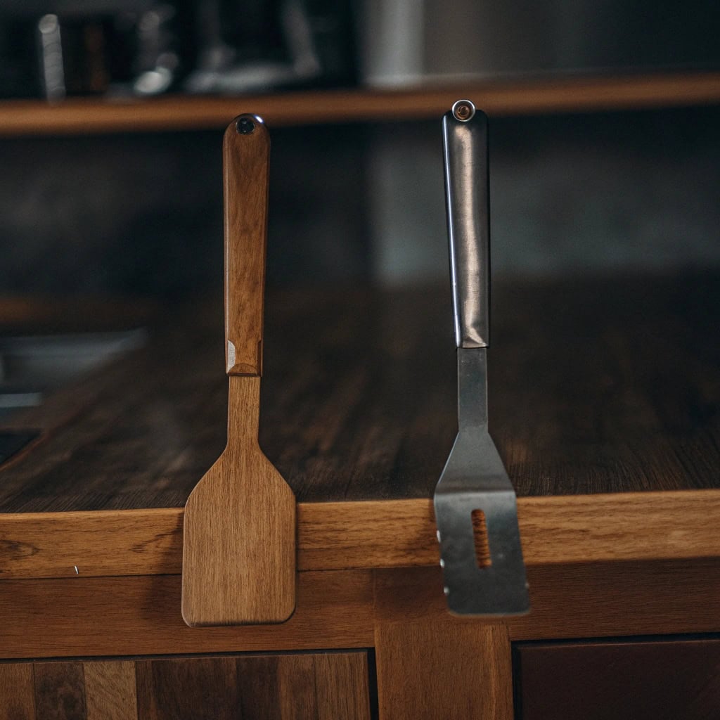 Split image: Wooden spatula gliding smoothly vs. Metal spatula scratching a pan
