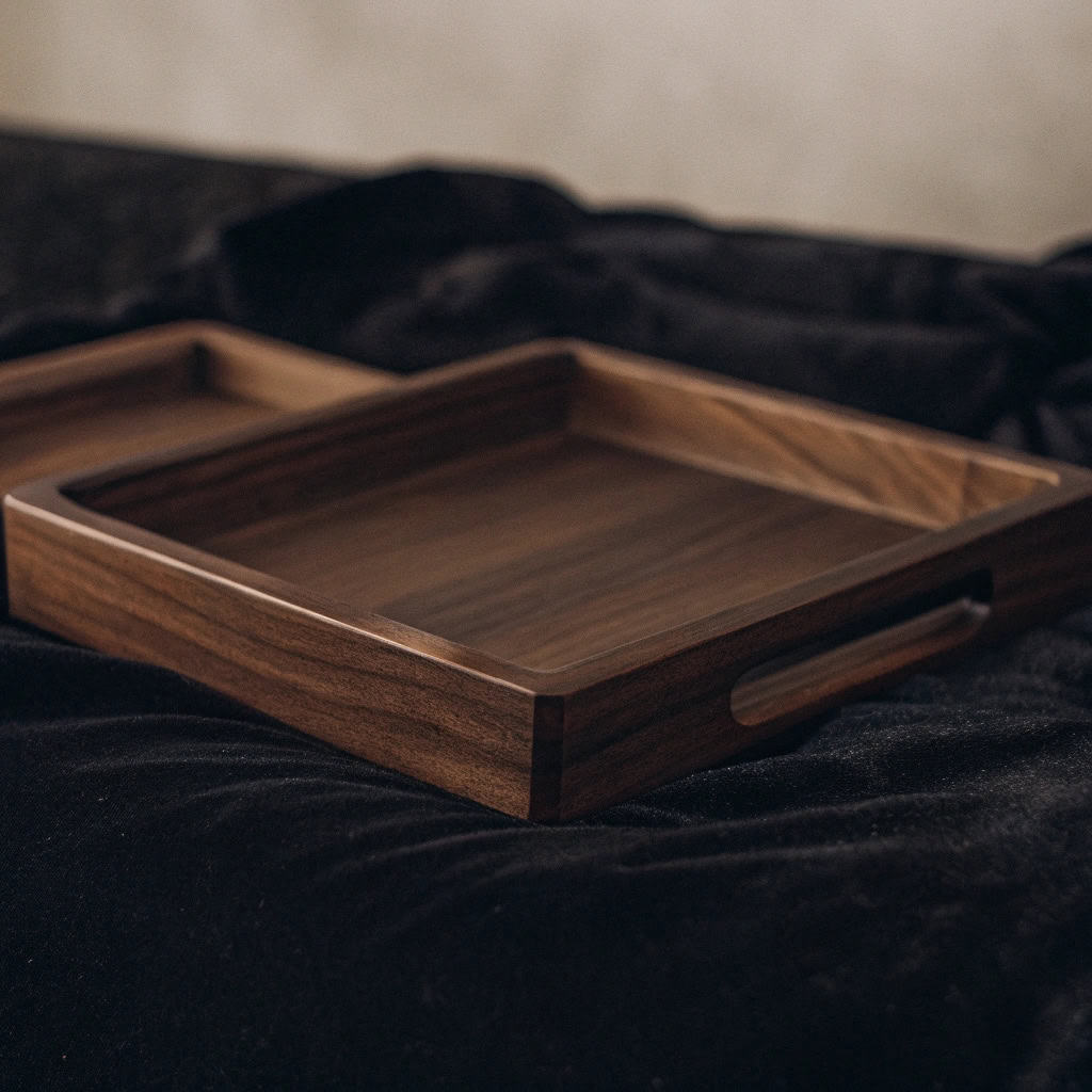 Hands correctly gripping the handles of a wooden serving tray