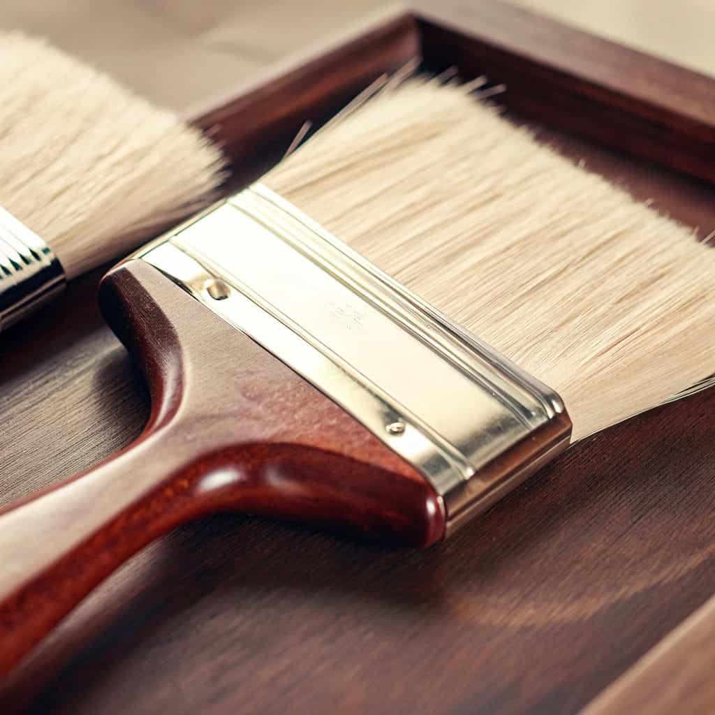 Hand examining the bristles, ferrule, and handle of a paintbrush closely