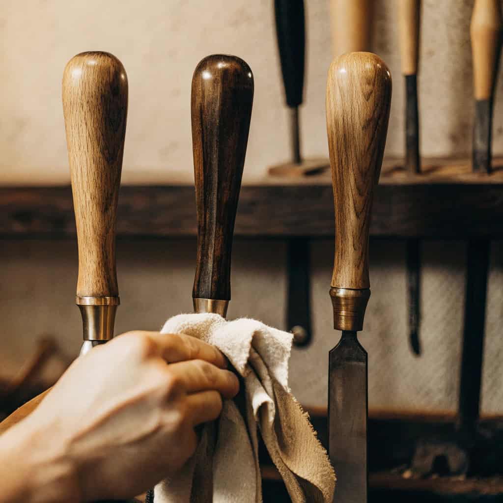 Cleaning supplies next to wooden handles: mild soap, cloth, sandpaper, oil finish