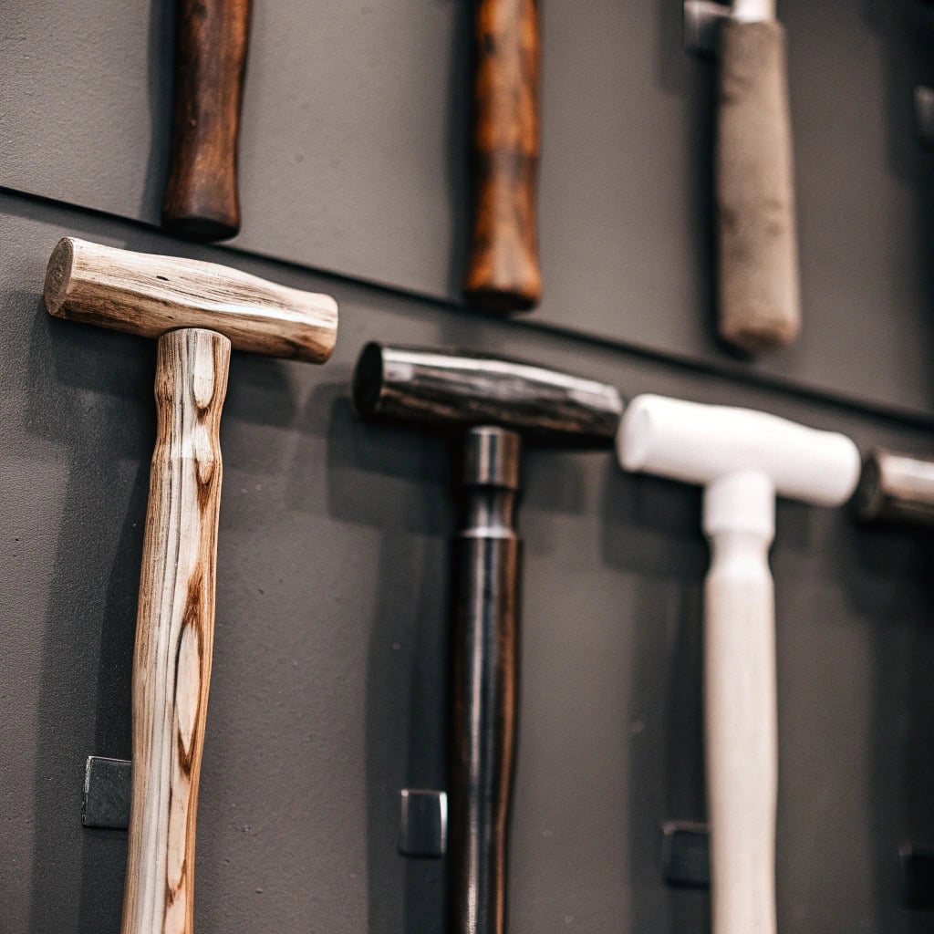 Various hammers showing different handle lengths: claw, framing, sledge
