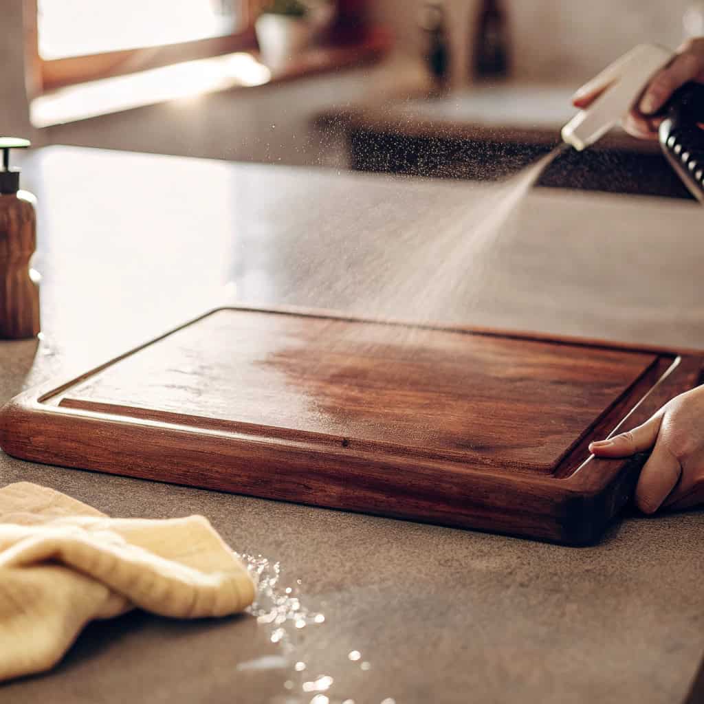 Wiping a wooden cutting board with white vinegar after washing