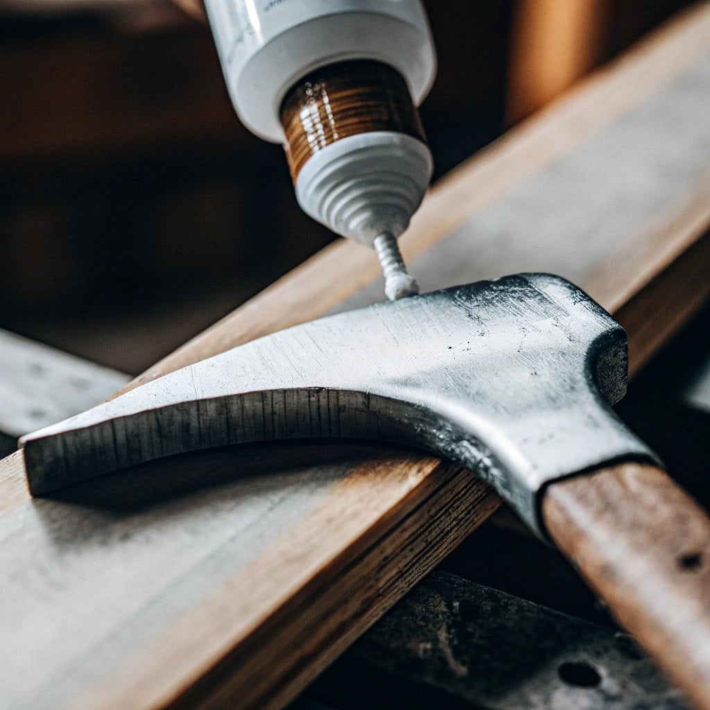 Applying wood glue to a wooden wedge before inserting it into axe handle kerf