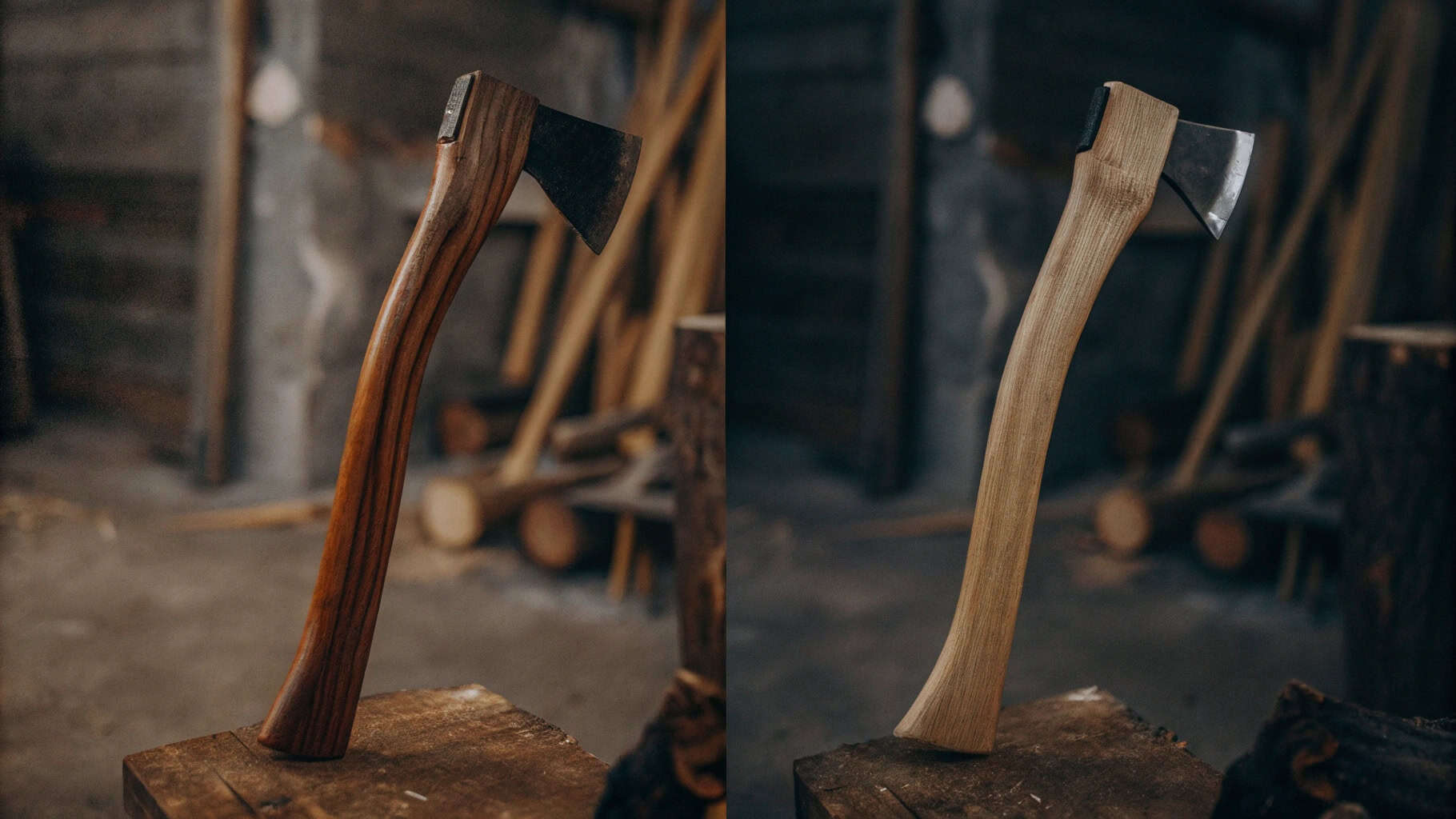 Axe splitting wood, highlighting the wooden handle (Hickory or Ash)