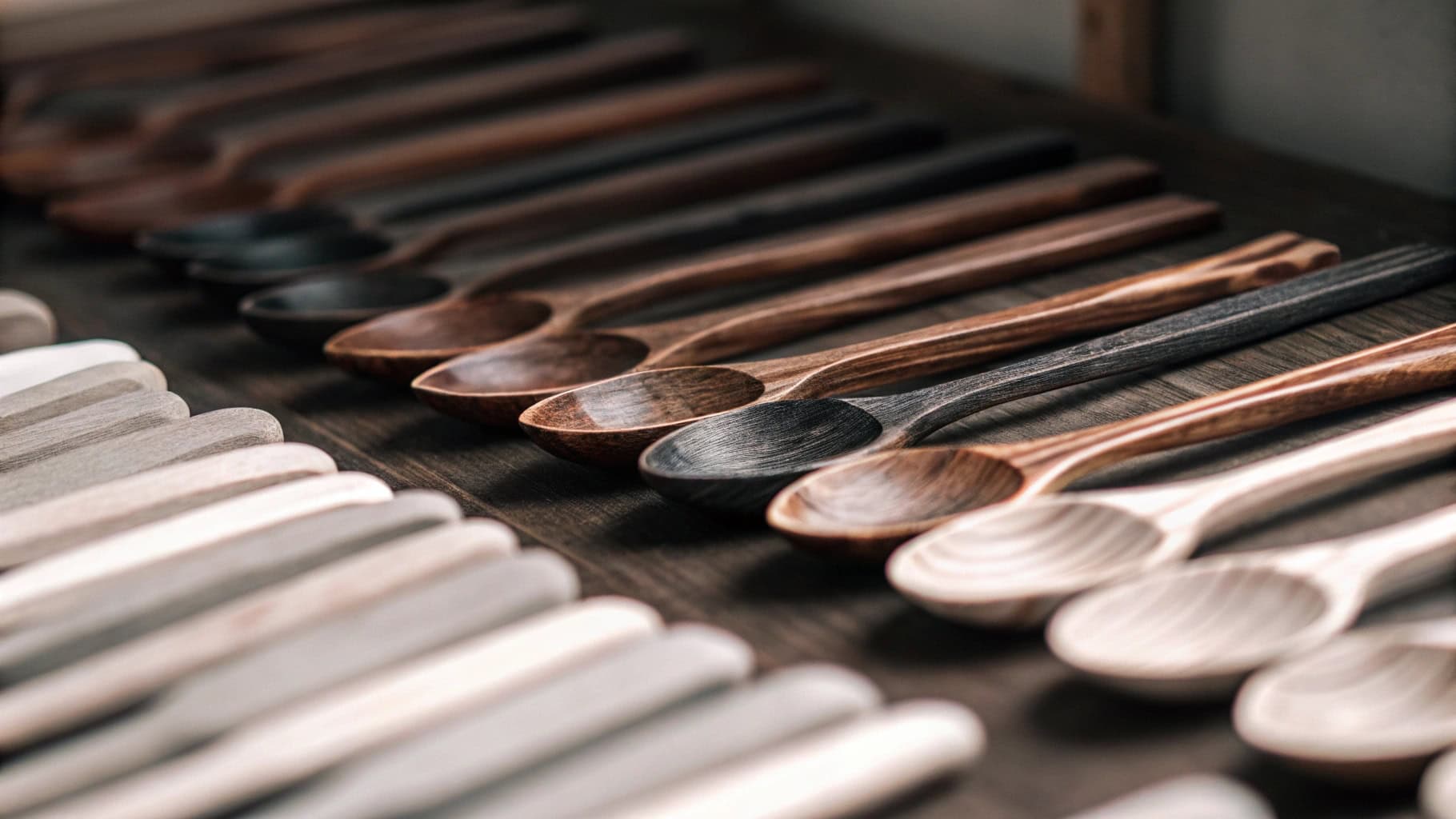 Wooden spoons hanging in a commercial kitchen setting (check local codes)