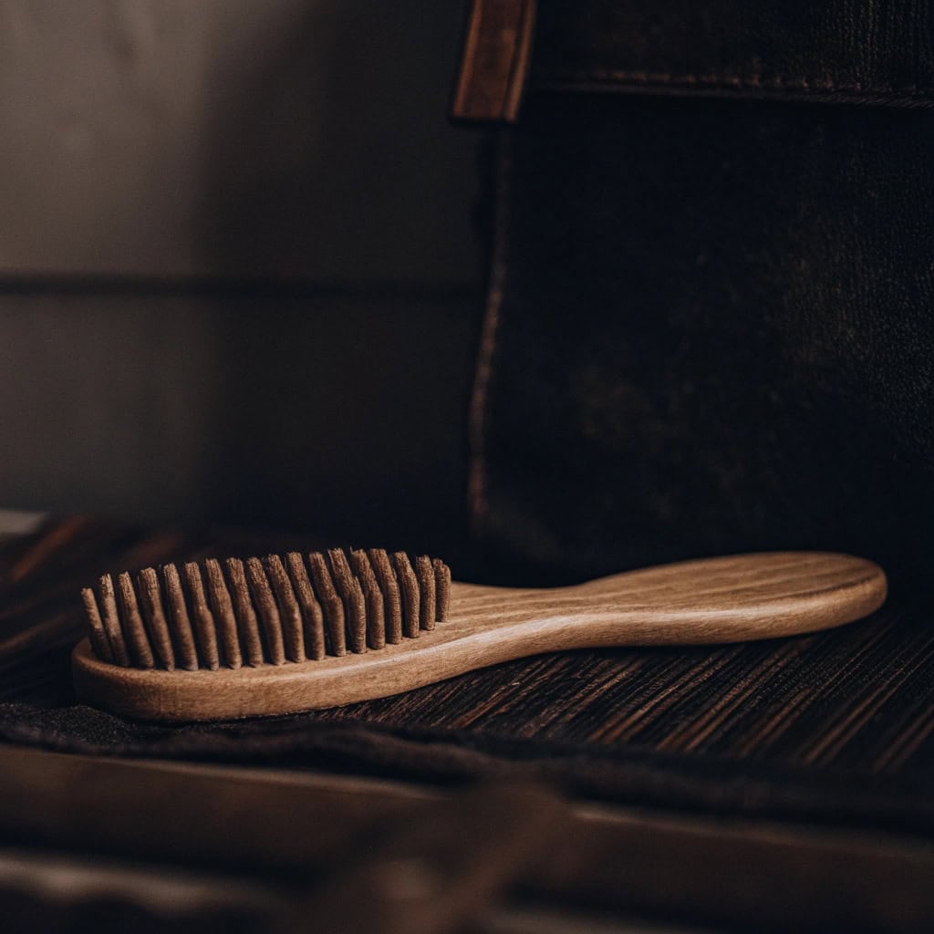 Sequence showing gentle brushing technique with a wooden brush, ends to roots