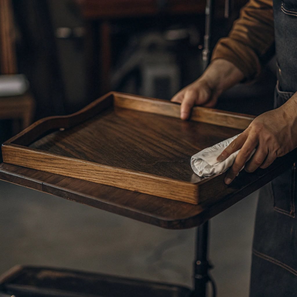 Applying a clear, durable polyurethane finish to a wooden tray
