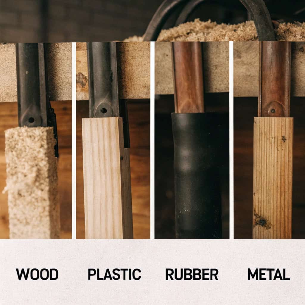 Collection of tool handles showing Wood, Fiberglass, Steel, and Plastic materials