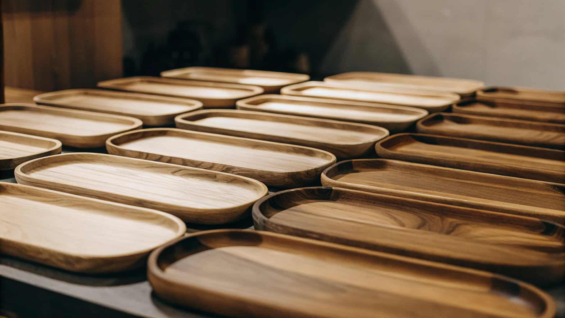 Stack of typical food service trays (plastic/melamine) in a restaurant setting