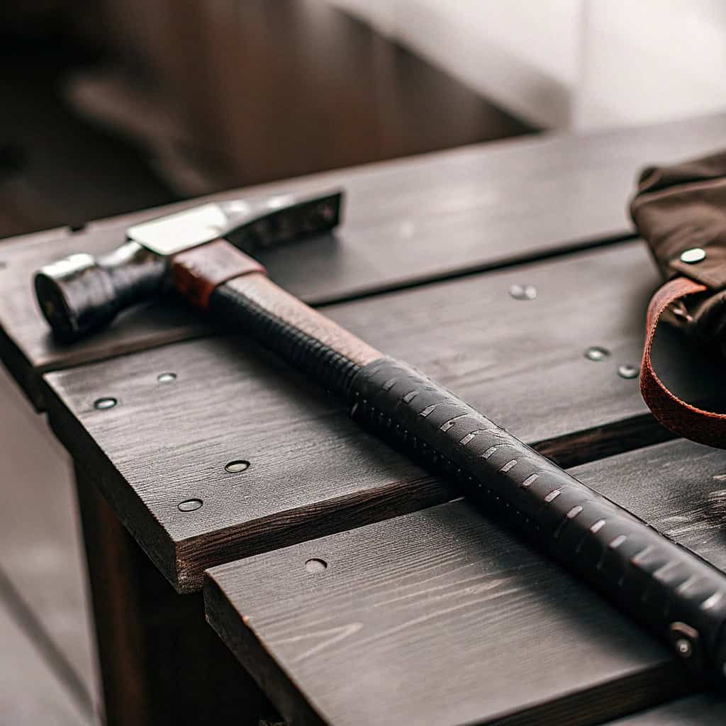 Measuring tape showing overall length and calipers measuring axe eye dimensions