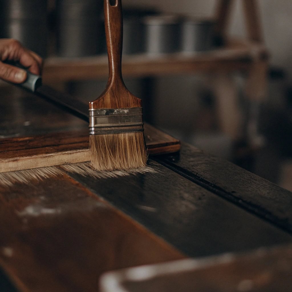 Paintbrush applying a smooth, stroke-free finish to a wooden surface