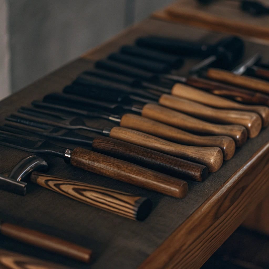 Collage showing different tools with distinct wooden handles: axe, pickaxe, screwdriver, brush